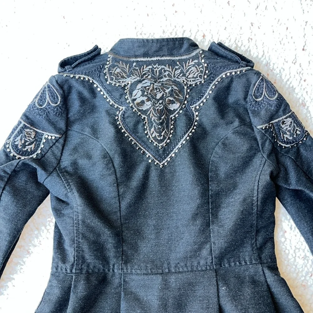 Free People Sargeant Floral Embroidered Embellished Military Coat Black 2‎